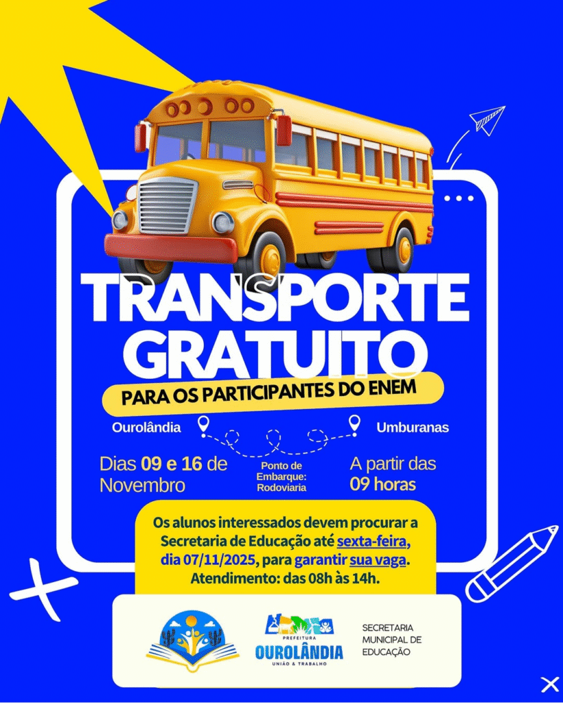 Prefeitura de Ourolândia oferece transporte gratuito para participantes do ENEM 2025