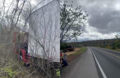 Caminhão-baú sai da pista na Serra do Tombador, em Jacobina; ninguém ficou gravemente ferido
